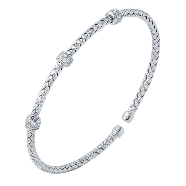 Sterling Silver Mesh Bangle Bracelet with Round CZ Stations