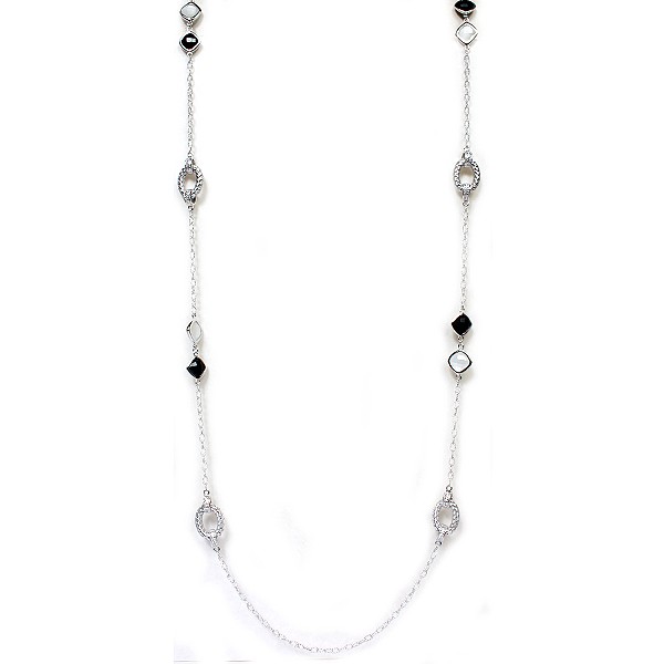 Sterling Silver Woven Link Onyx and Moonstone Station Necklace