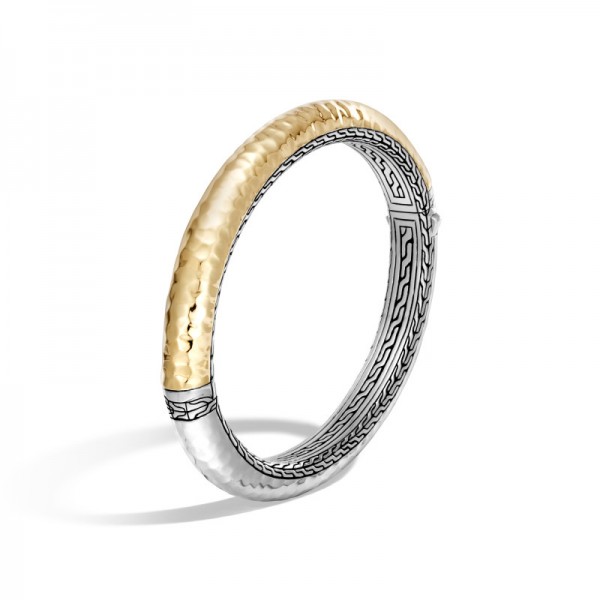 Chain 8.5MM Hinged Bangle, Silver, Hammered 18K Gold