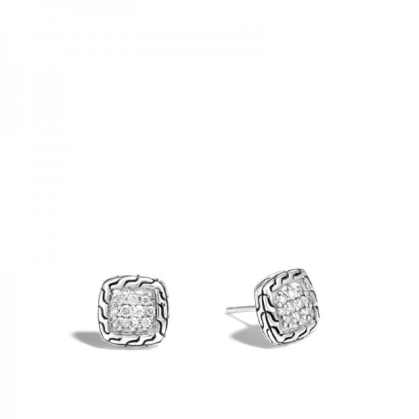 John Hardy Sterling Silver Classic Chain Stud Earrings With Diamonds, 9.5X9.5Mm Earrings With Diamonds Weighing 0.21 Carat Total Weight