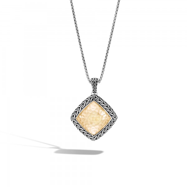 WOMEN's Classic Chain Hammered Gold & Silver Heritage Large Quadrangle Pendant- on 2mm Box Chain Necklace BG