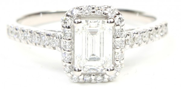 Platinum Engagement Ring With 1.20Ct Emerald Cut Center Gia Diamond And Diamond Halo And Shank