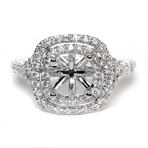 14K White Gold Double Cushion Halo Diamond Semi-Mount Engagement Ring
