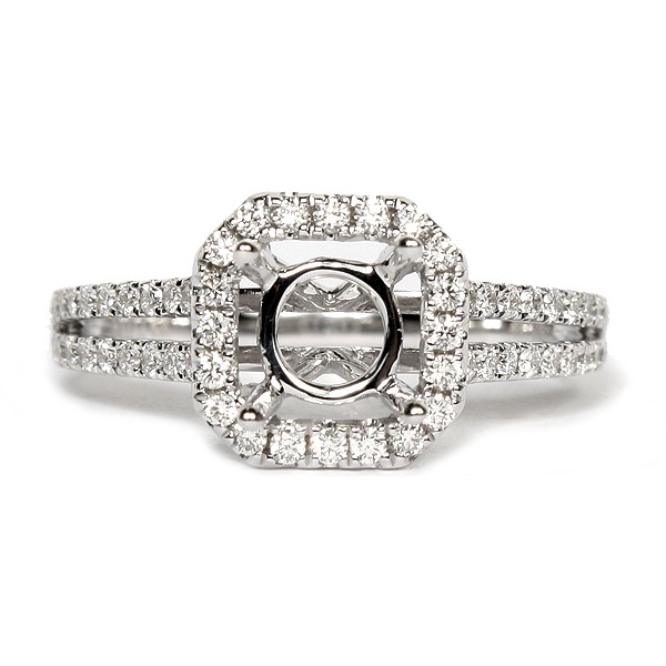 14K White Gold Diamond Cushion Halo Semi Mount Engagement Ring