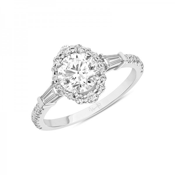 14K WHITE GOLD .51CTW DIAMOND SEMI-MOUNT ENGAGEMENT RING WITH CZ CENTER (30ROUND, 2 BAGUETTES)