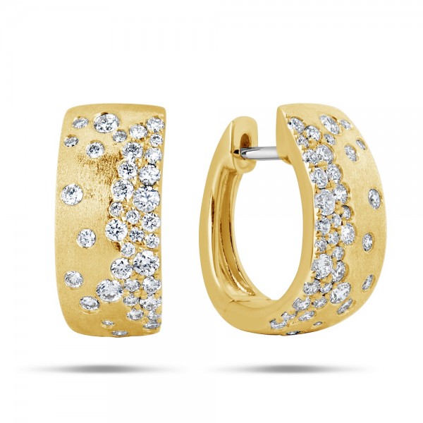 14K Yellow Gold Satin Wide Hoop Earrings With Confetti Diamonds