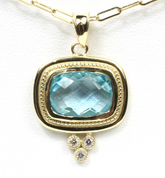 14K GOLD BLUE TOPAZ PENDANT WITH DIAMOND ACCENTS AND PAPERCLIP CHAIN