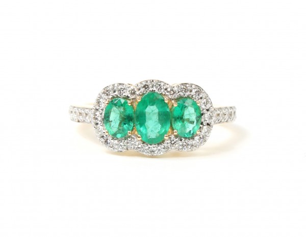 14K Yellow Gold Triple Emerald Ring With Diamond Halo