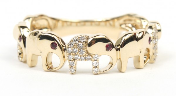 14K Yellow Gold .11Ctw Diamond .04Ctw Ruby Elephant Ring