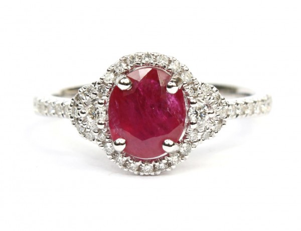 14K WHITE GOLD RUBY WITH DIAMOND HALO RING