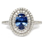 14K White Gold Oval Sapphire Ring with Double Diamond Halo