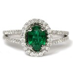 14K White Gold Oval Emerald and Diamond Ring