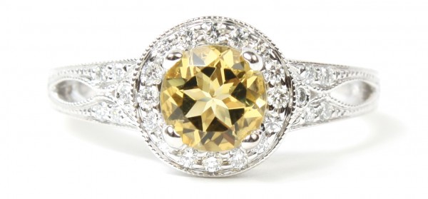 14K White Gold Yellow Heliodor And Diamond Ring