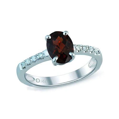 14K WHITE GOLD OVAL GARNET RING WITH DIAMOND ACCENTS