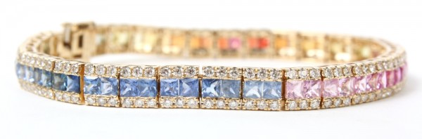 14K Yellow Gold 2.69Ctw Diamond And 9.94Ctw Multi Color Sapphire Tennis Bracelet