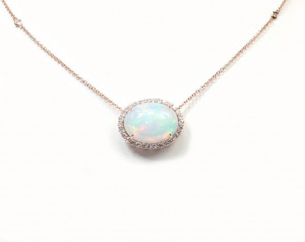18K Rose Gold Sideways Oval Opal And Diamond Pendant