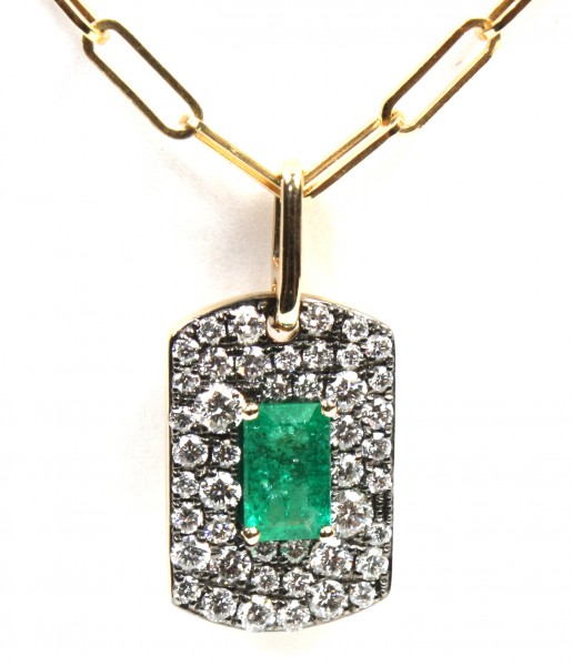 14K Yellow Gold Emerald And Diamond Dogtag Pendant Necklace