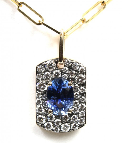 14K YELLOW GOLD SAPPHIRE AND DIAMOND DOGTAG PENDANT NECKLACE
