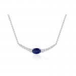 14K WHITE GOLD .23CTW DIAMOND  AND .56CT SAPPHIRE CURVED BAR PENDANT NECKLACE
