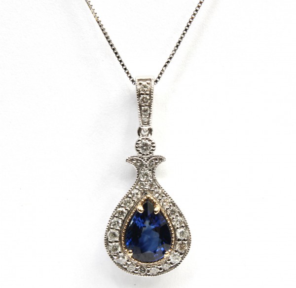 14K WHITE AND YELLOW GOLD DIAMOND AND SAPPHIRE PENDANT