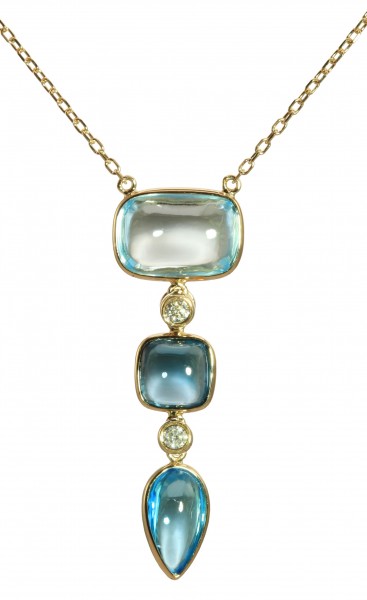 14K Yellow Gold Triple Mixed Blue Topaz Pendant With Diamond Accents