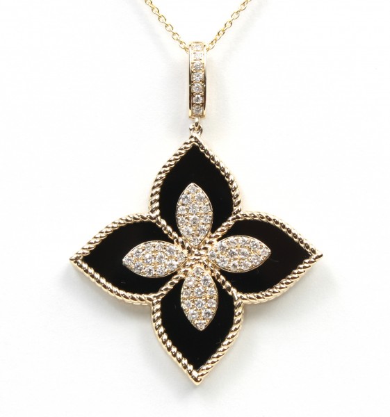 14K YELLOW GOLD FLORAL ONYX AND DIAMOND PENDANT NECKLACE