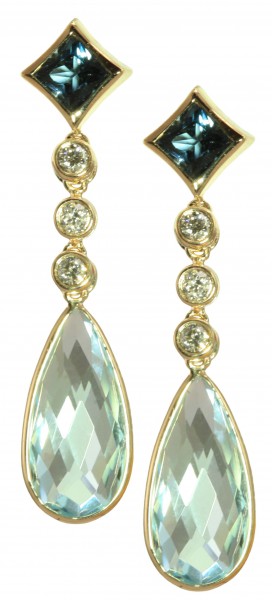 14K Yellow Gold Blue Topaz and Diamond Drop Earrings