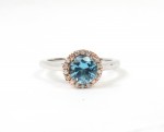 14K White Gold Blue Topaz Ring With Diamond Rose Gold Halo