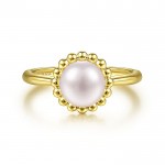 14K YELLOW GOLD FRESH WATER PEARL RING WITH BEADED HALO