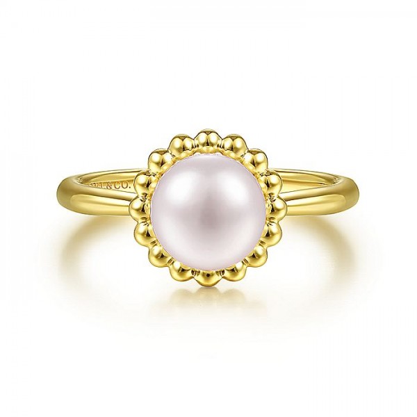 14K YELLOW GOLD FRESH WATER PEARL RING WITH BEADED HALO
