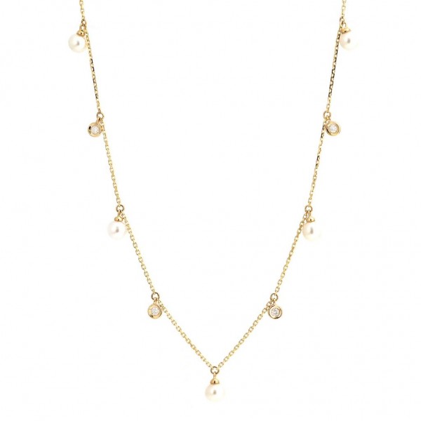 14K YELLOW GOLD .10CTW DIAMOND AND PEARL DANGLE NECKLACE