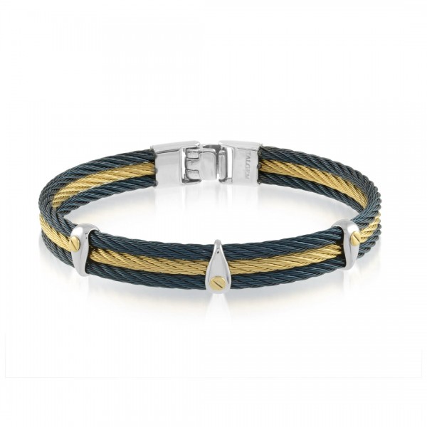 BLUE AND GOLD PLATEED STAINLESS STEEL THREE ROW CABLE BANGLE BRACELET