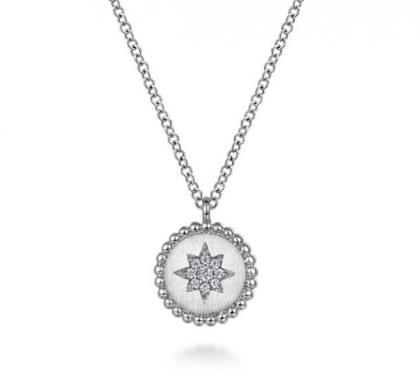 STERLING SILVER DIAMOND STAR DISC PENDANT WITH BEADED EDGE