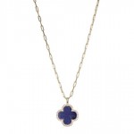 Sterling Silver Gold Plated Lapis  And Cz Clover Pendant Necklace
