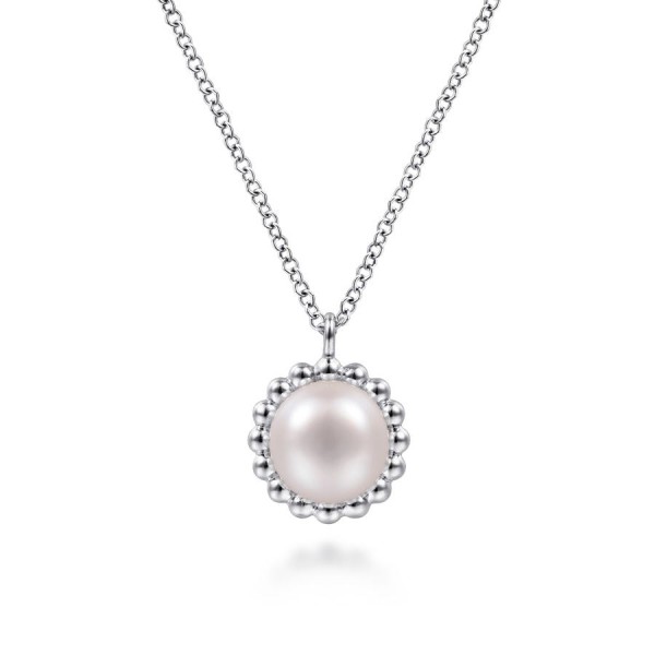 STERLING SILVER ROUND PEARL PENDANT WITH BEADED FRAME