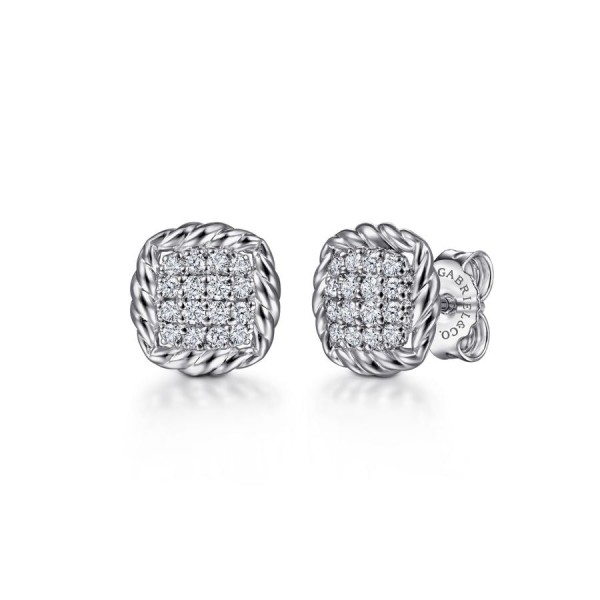 STERLING SILVER & PAVE WHiTE SAPPHIRE STUD EARRINGS WITH ROPE FRAME