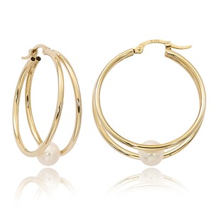 14K Yellow Gold Double Hoop Earrings With Pearls