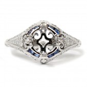 14K White Gold Vintage Style Sapphire and Diamond Semi-Mount Engagement Ring