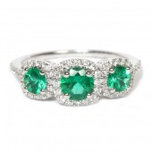 14K White Gold Three-Stone Emerald And Diamond Ring