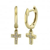 14K YELLOW GOLD DIAMOND CROSS HUGGIE EARRINGS