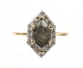 14K Yellow Gold Marquis Shape Salt And Pepper Diamond Engagment Ring With Halo