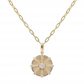 14K YELLOW GOLD DIAMOND STARBURST DISC PENDANT NECKLACE