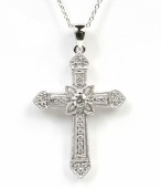 14K WHITE GOLD DIAMOND CROSS PENDANT WITH MILGRAIN DETAIL