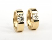 14K YELLOW GOLD DIAMOND HOOP HUGGIE EARRINGS