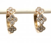 14K YELLOW GOLD DIAMOND CLOVER  HOOP EARRINGS