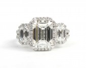 14K WHITE GOLD LAB GROWN DIAMOND THREE STONE EMERALD CUT WITH HALOS