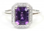 14K White Gold .15Ctw Diamond 1.22Ct Amethyst Emerald Cut Ring