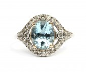 14K YELLOW AND WHITE GOLD DIAMOND AND AQUAMARINE RING