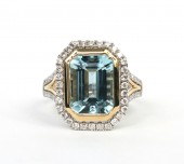 14K TWO TONE DIAMOND & AQUAMARINE RING