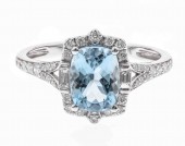 14K WHITE GOLD DIAMOND AND AQUAMARINE RING